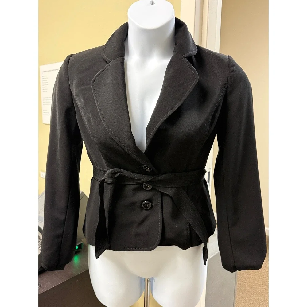 Women's Black Belted Blazer Jacket Double‎ Button Collar